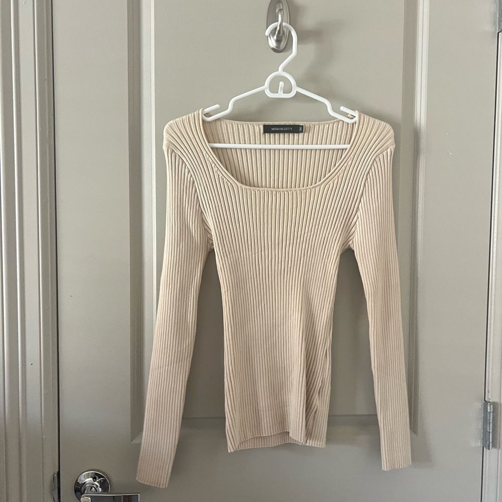 Cream Ribbed Long Sleeve Top
